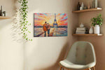 Parisian Sunset Stroll romance canvas print, displayed in a living room