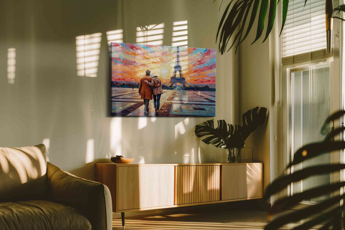Parisian Sunset Stroll romance canvas print in a contemporary interior mockup