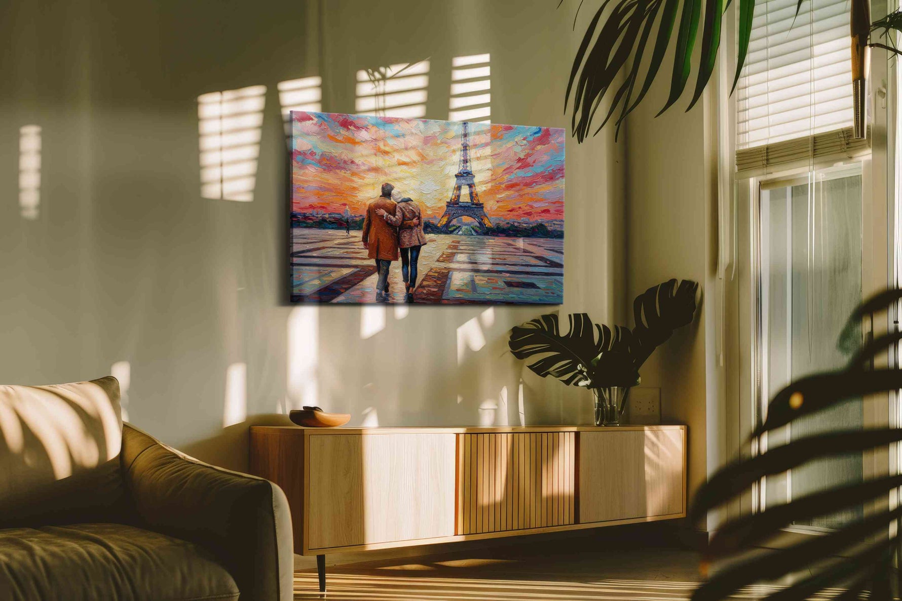 Parisian Sunset Stroll romance canvas print in a contemporary interior mockup
