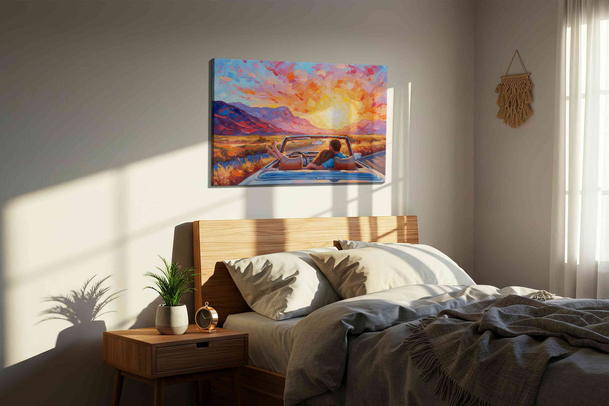 Sunset Drive Embrace romance canvas print, displayed in a bedroom