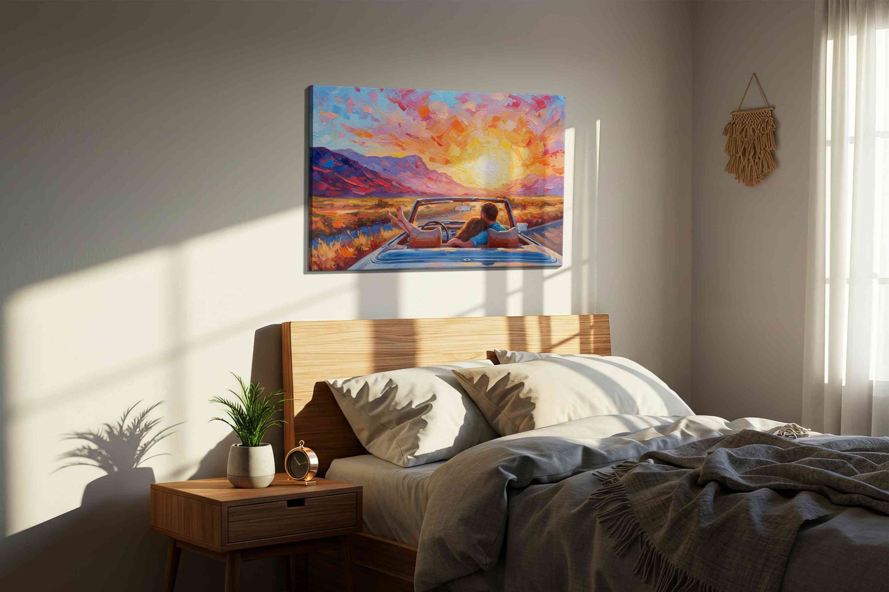 Sunset Drive Embrace romance canvas print, displayed in a bedroom