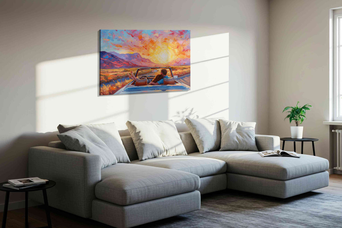 Sunset Drive Embrace romance canvas print, displayed in a living room