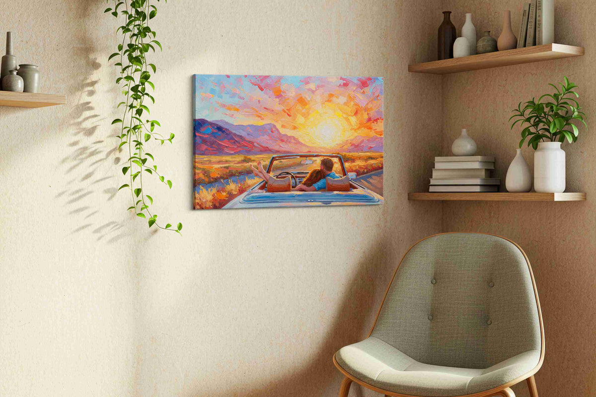 Sunset Drive Embrace romance canvas print in a living room scene