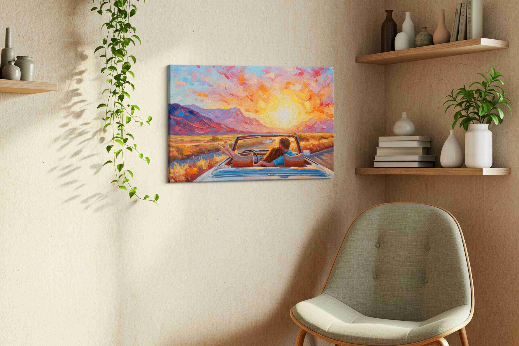 Sunset Drive Embrace romance canvas print in a living room scene