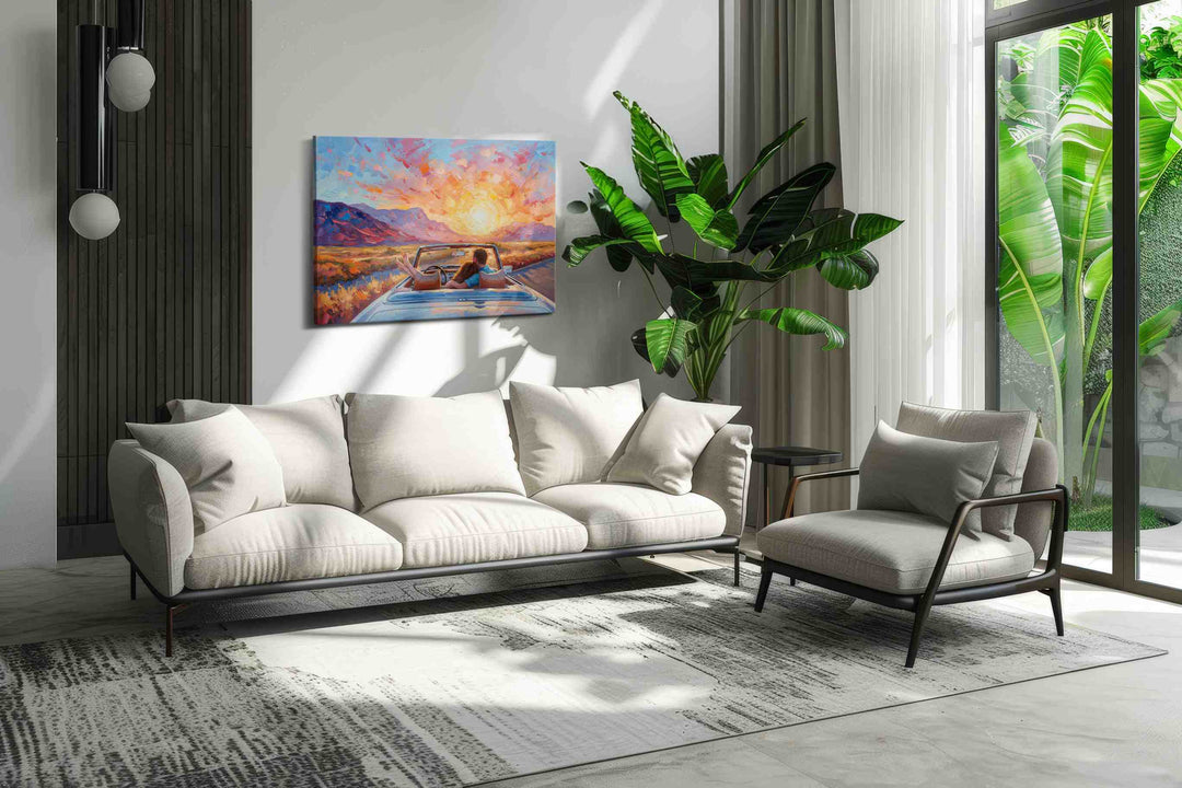 Sunset Drive Embrace – romance canvas wall art, gallery-wrapped, ready to hang