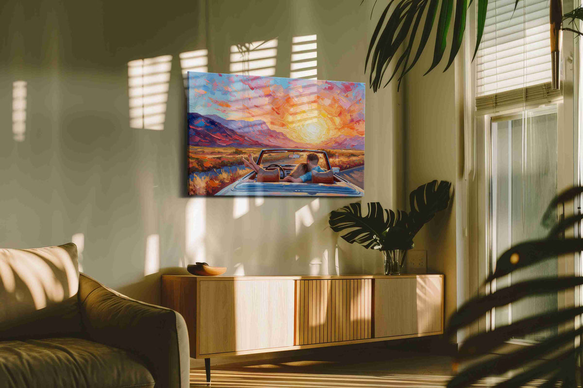Sunset Drive Embrace romance canvas print, on wall, lifestyle preview