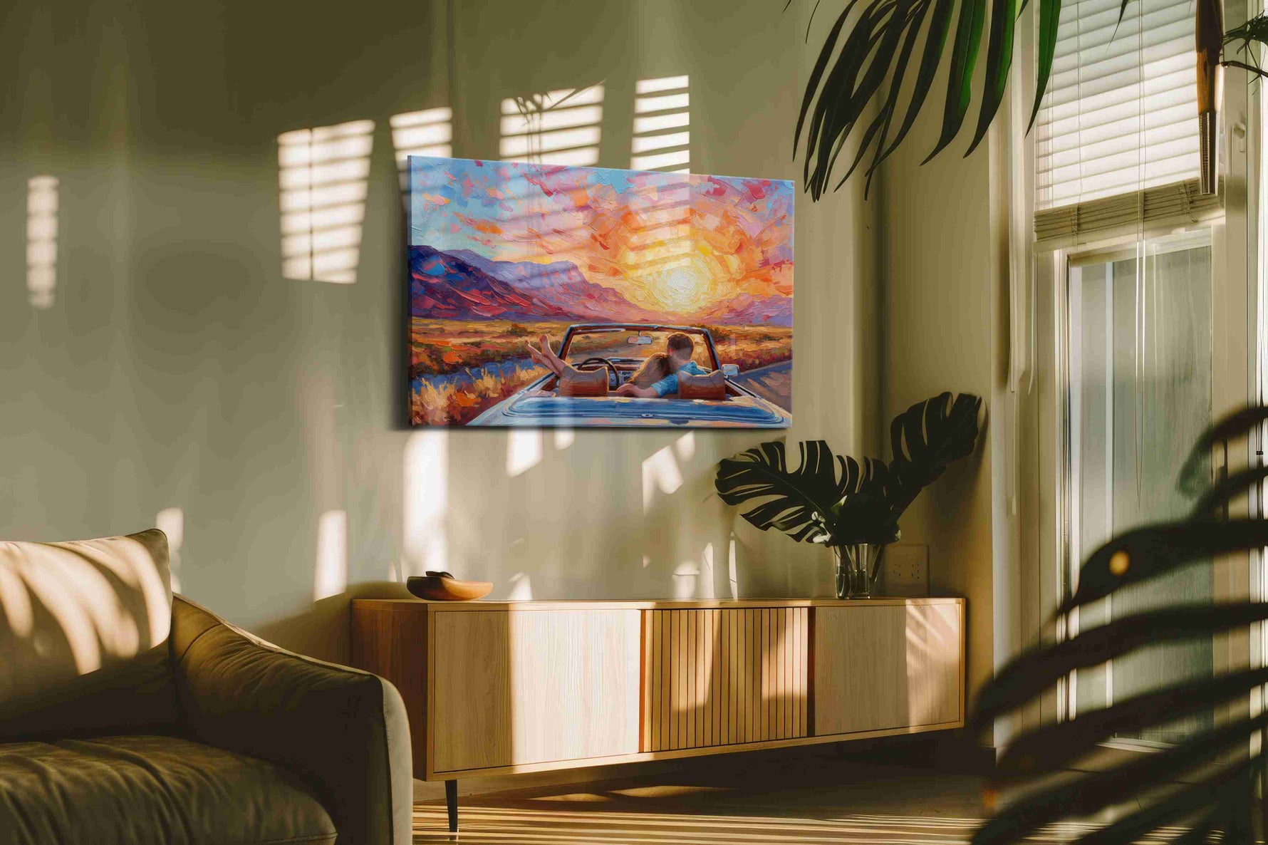 Sunset Drive Embrace romance canvas print, on wall, lifestyle preview