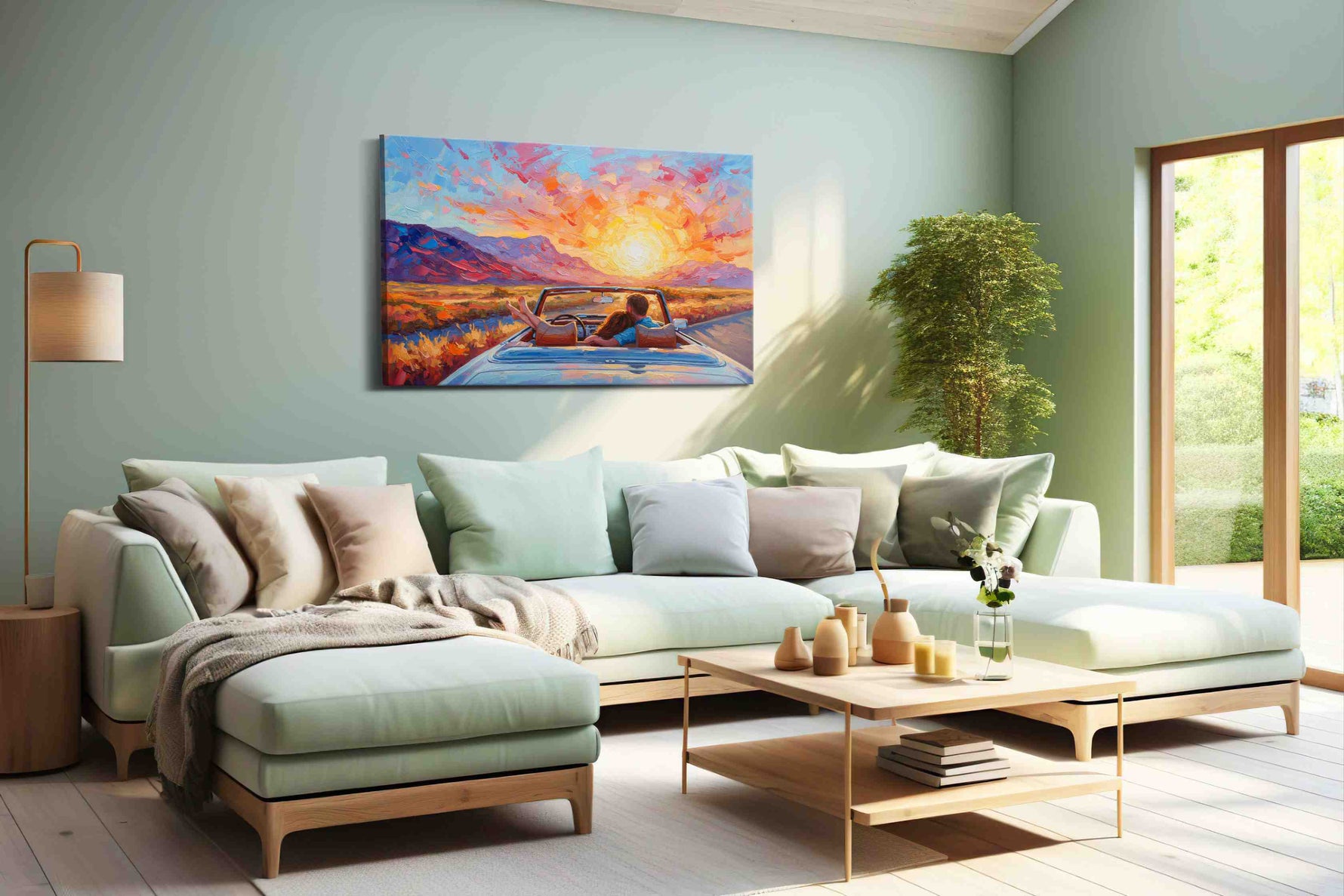 Sunset Drive Embrace romance canvas print, hanging on wall