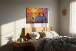 Sunset Serenade romance canvas print, displayed in a bedroom