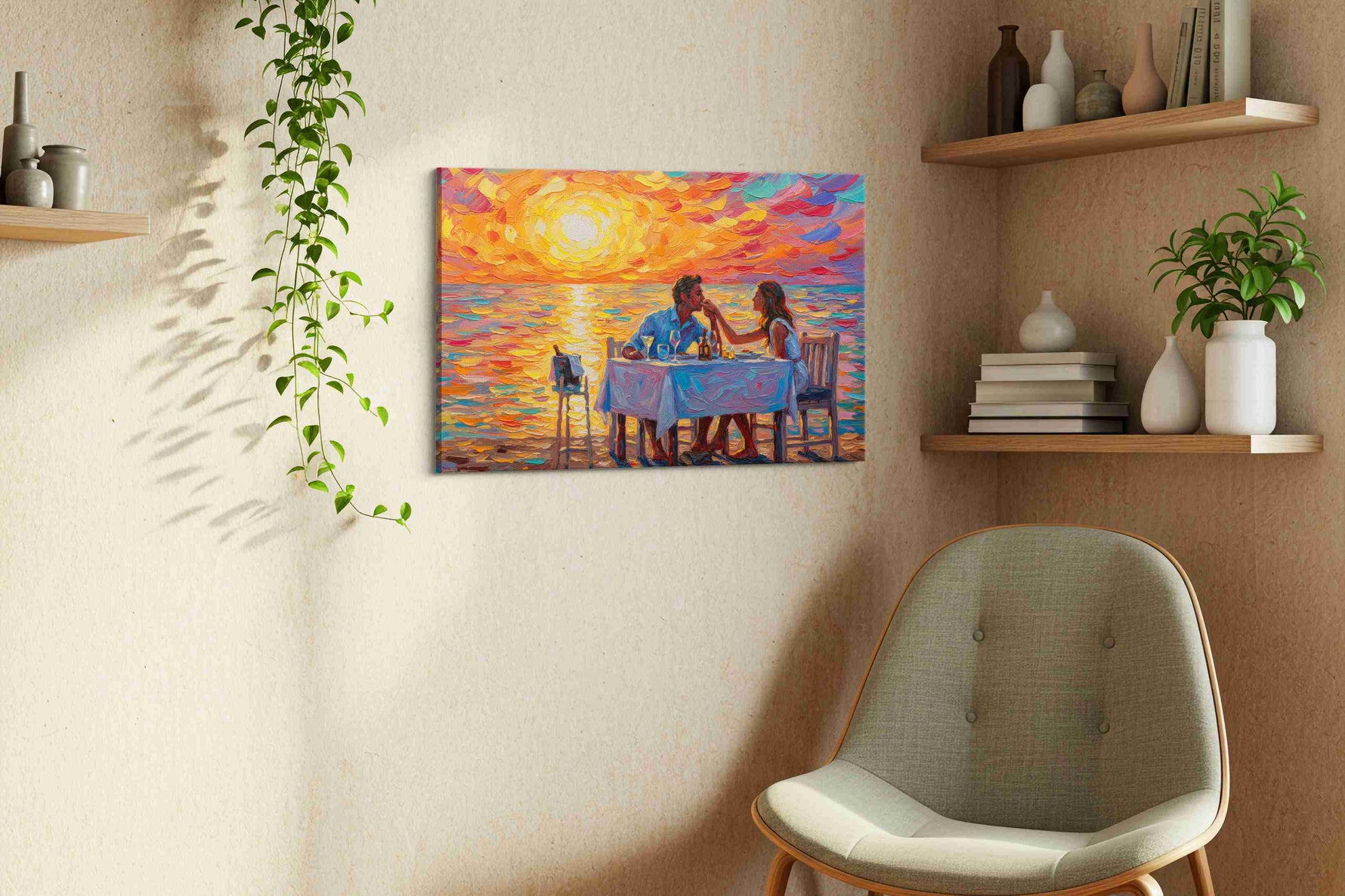Sunset Serenade romance canvas print, displayed in a living room