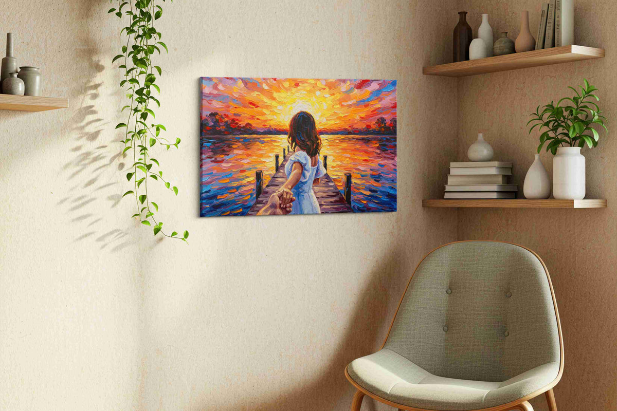 Sunset Serenade at the Pier romance canvas print, hanging on wall — view 4