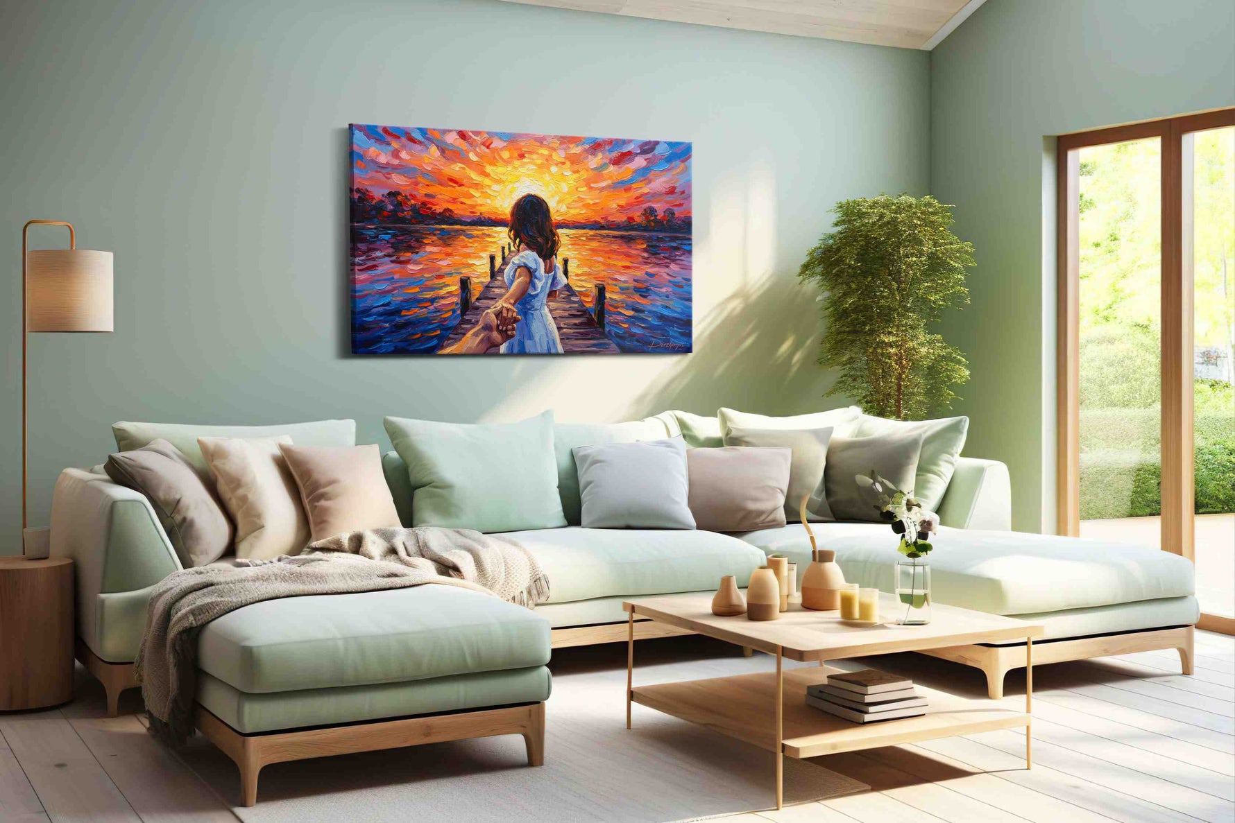 Sunset Serenade at the Pier romance canvas print shown in a wall scene