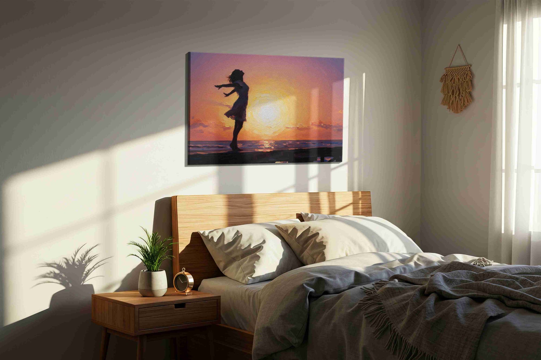 Sunset Serenity Dance beach canvas print, displayed in a bedroom