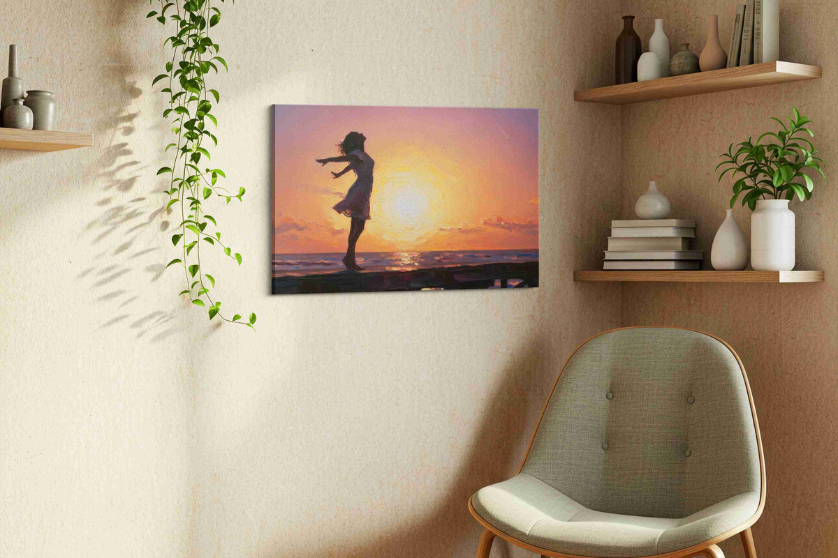 Sunset Serenity Dance beach canvas print, displayed in a living room