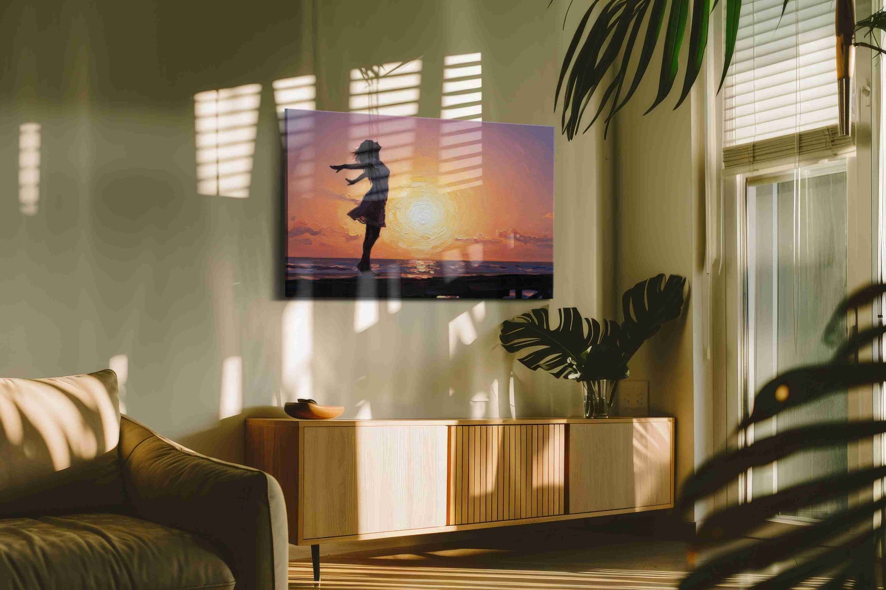 Sunset Serenity Dance beach canvas print in a contemporary interior mockup