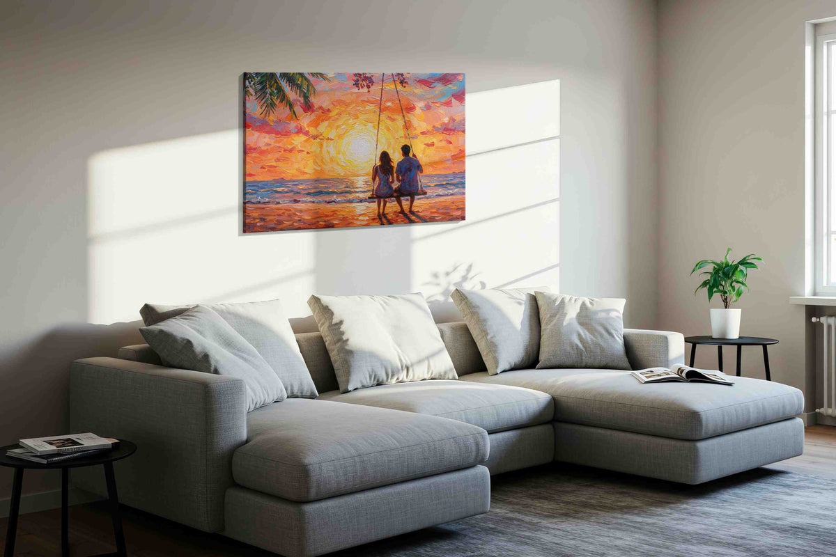 Sunset Serenity Swing romance canvas print, displayed in a living room
