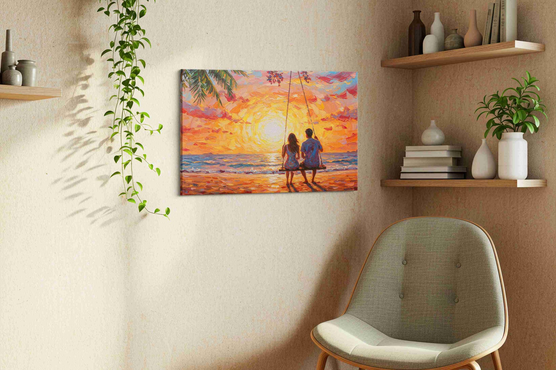 Sunset Serenity Swing romance canvas print styled in a living room