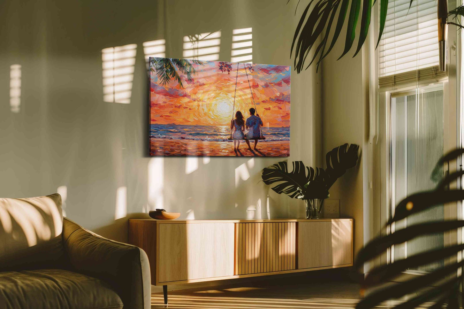 Sunset Serenity Swing romance canvas print in a contemporary interior mockup