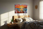Sunset Toast by the Sea romance canvas print, displayed in a bedroom