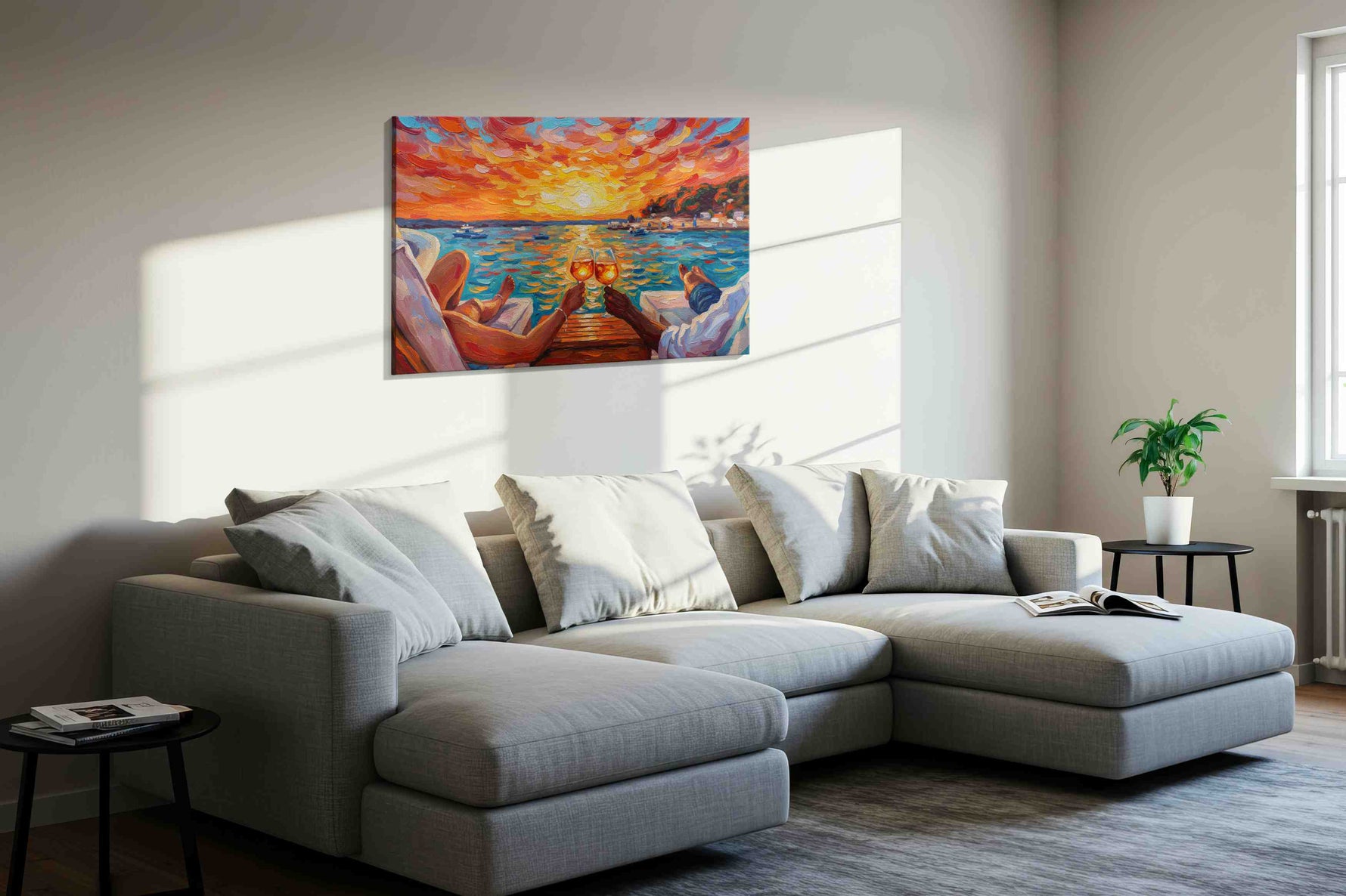Sunset Toast by the Sea romance canvas print, displayed in a living room