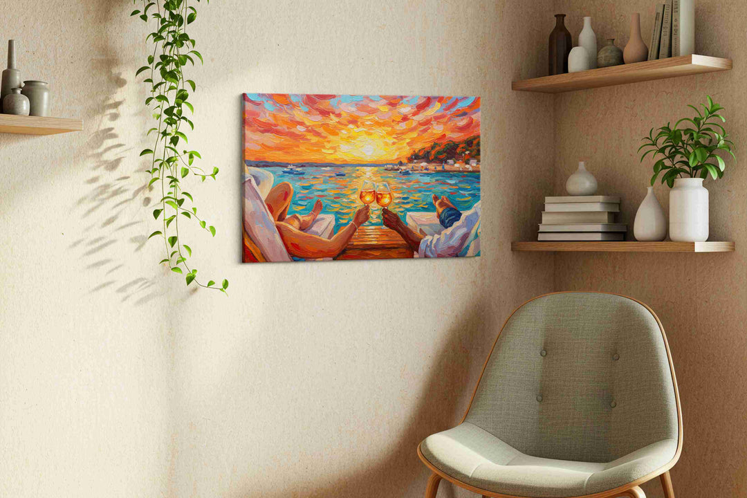 Sunset Toast by the Sea – romance canvas wall art, gallery-wrapped, ready to hang