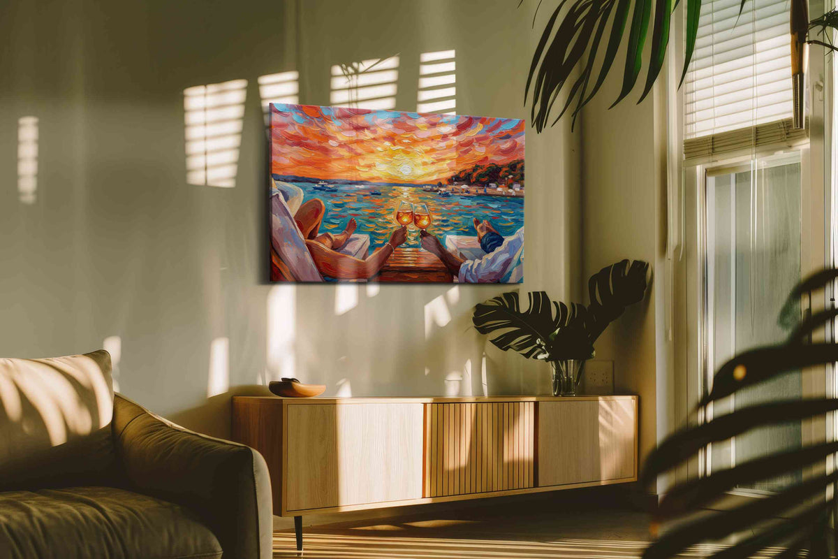 Sunset Toast by the Sea romance canvas print, on wall, lifestyle preview