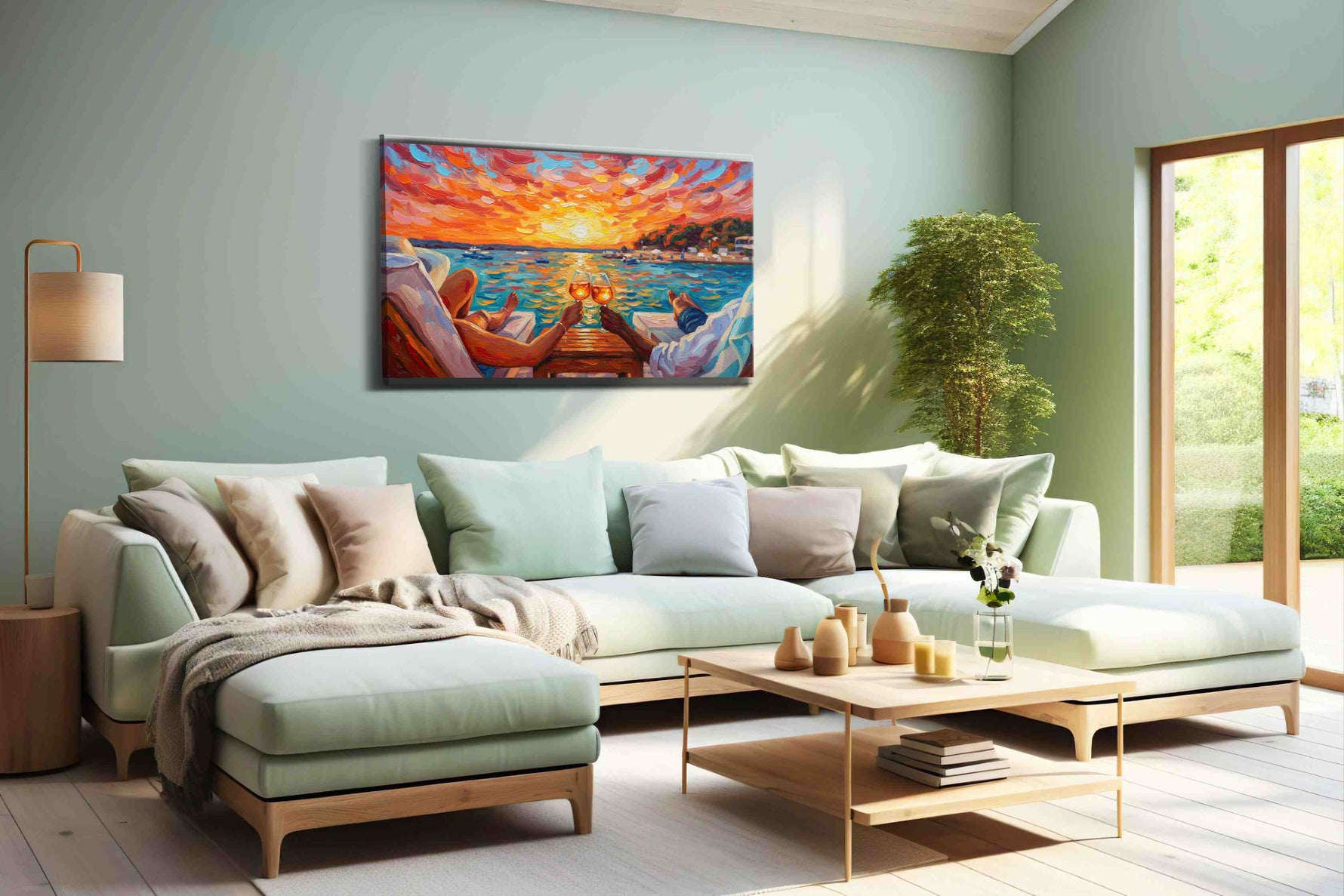 Sunset Toast by the Sea romance canvas print, hanging on wall