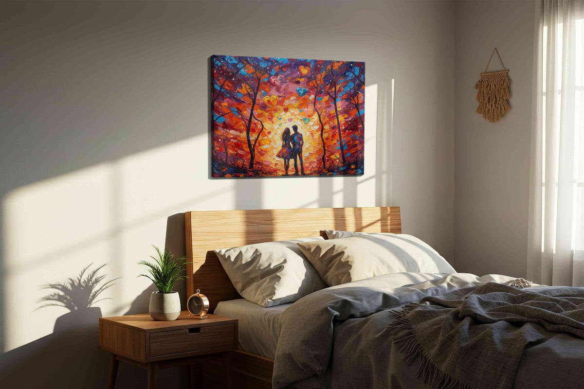 Whimsical Heartbeat romance canvas print, displayed in a bedroom