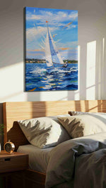 Breezy Regatta Dreams sailing canvas print, displayed in a bedroom