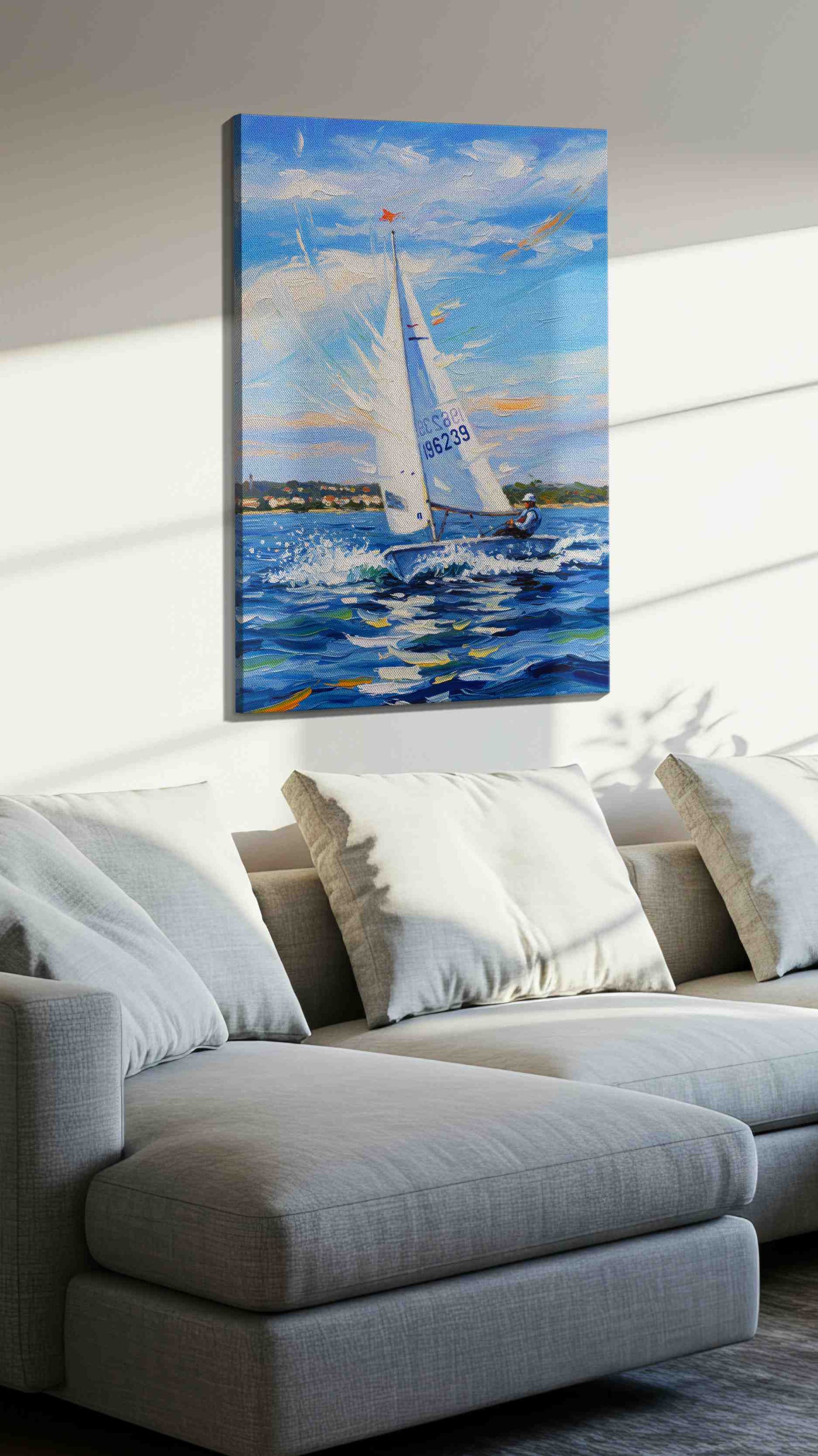 Breezy Regatta Dreams sailing canvas print, displayed in a living room