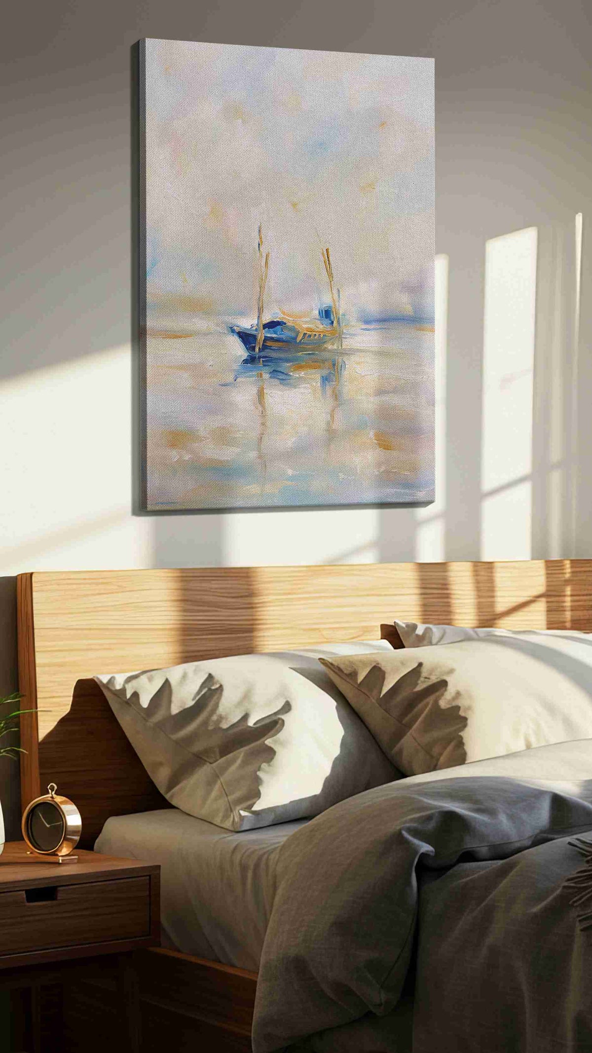 Sailing Through Serenity landscape canvas print, displayed in a bedroom