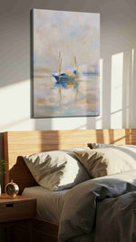 Sailing Through Serenity landscape canvas print, displayed in a bedroom