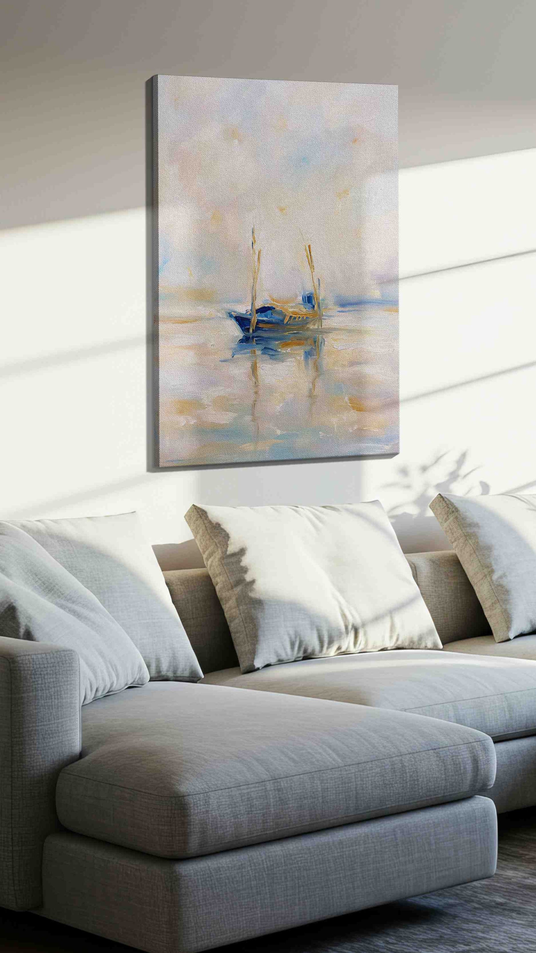 Sailing Through Serenity landscape canvas print, displayed in a living room