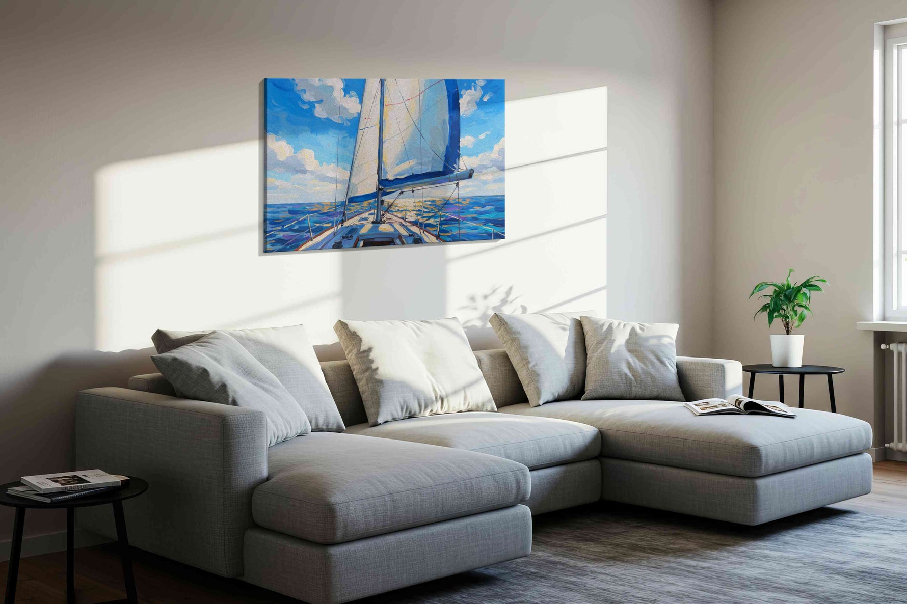 Sailing Under the Sunlit Sky sailing canvas print, displayed in a living room