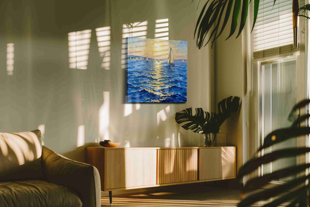 Sailing into the Golden Horizon sailing canvas print styled in a living room