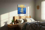 Sailing into the Golden Horizon sailing canvas print, displayed in a bedroom