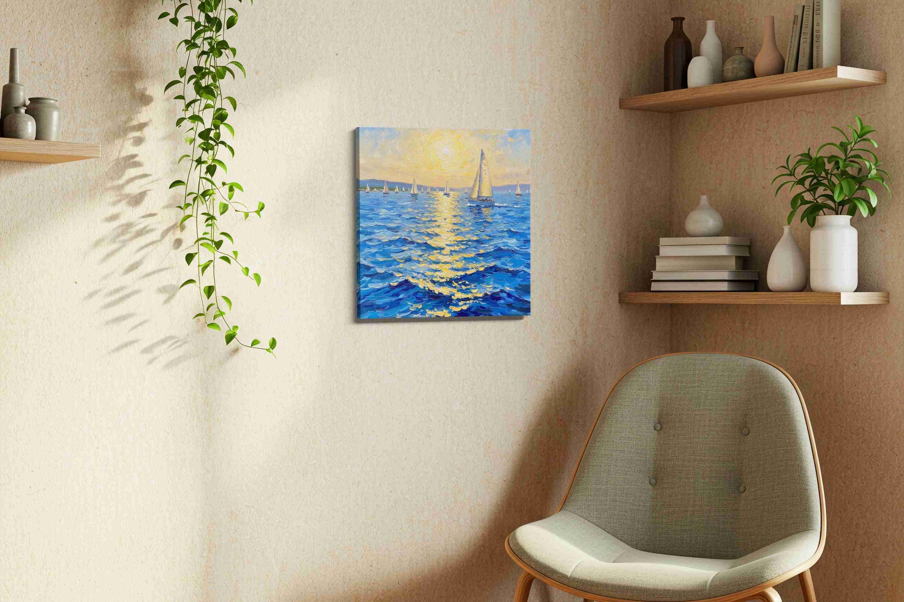 Sailing into the Golden Horizon sailing canvas print, hanging on wall — view 2