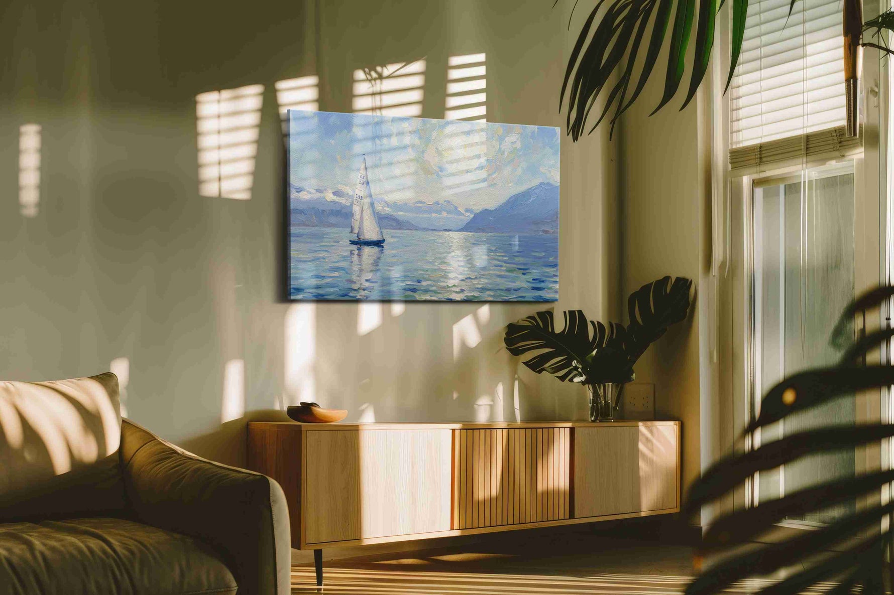 Sailing into the Sunlit Horizon sailing canvas print styled in a living room