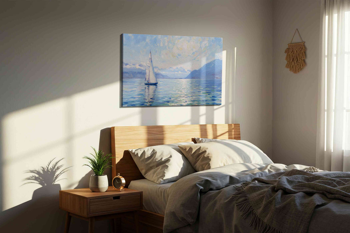 Sailing into the Sunlit Horizon sailing canvas print, displayed in a bedroom