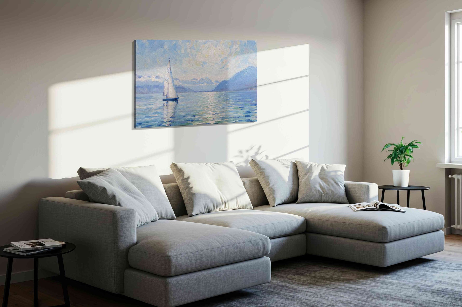 Sailing into the Sunlit Horizon sailing canvas print, displayed in a living room