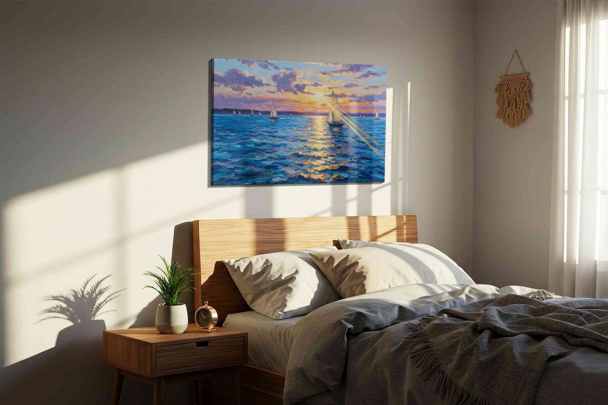 Sailing into the Sunset sailing canvas print, displayed in a bedroom