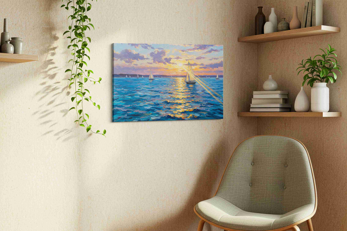 Sailing into the Sunset sailing canvas print, displayed in a living room
