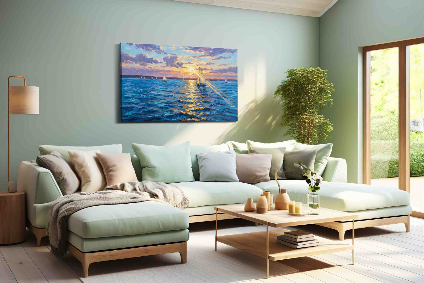 Sailing into the Sunset sailing canvas print, hanging on wall