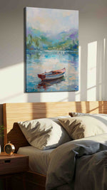 Serenity on Still Waters landscape canvas print, displayed in a bedroom