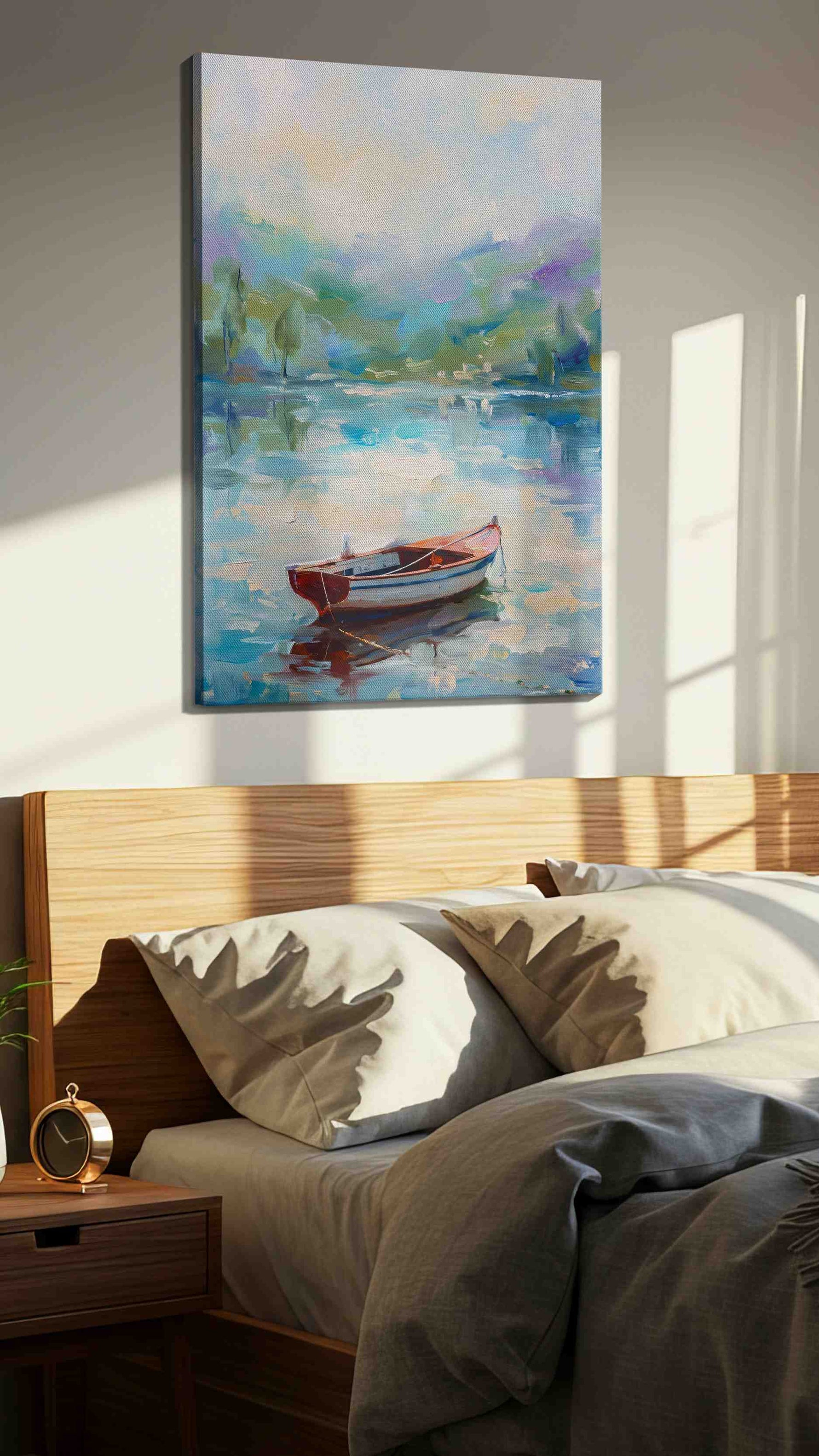 Serenity on Still Waters landscape canvas print, displayed in a bedroom