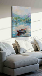 Serenity on Still Waters landscape canvas print, displayed in a living room
