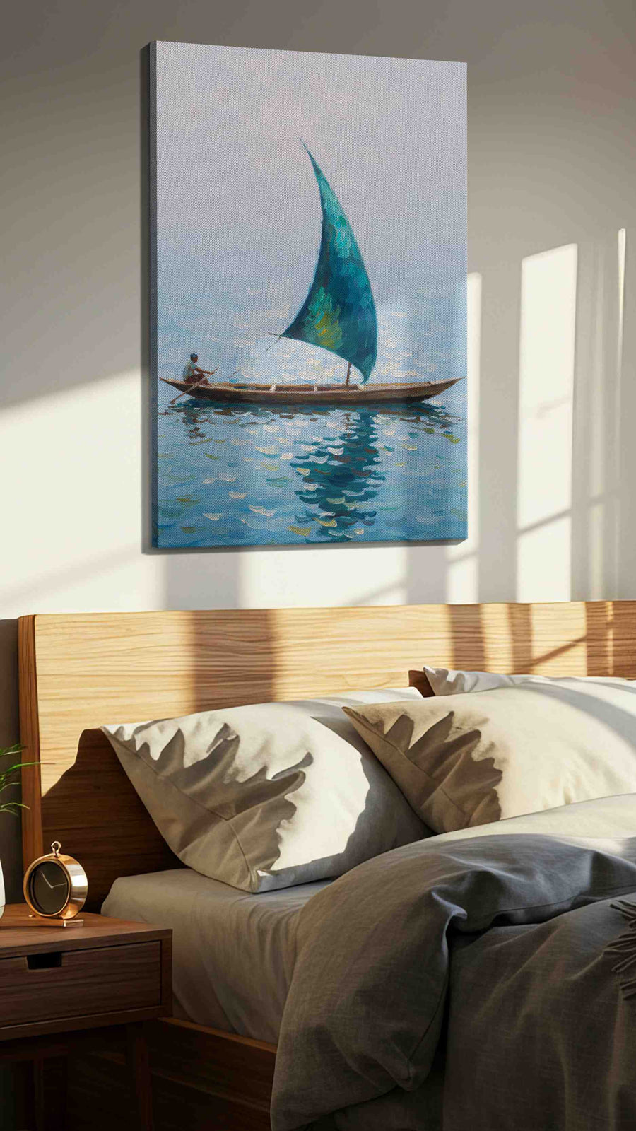 Serenity on the Open Sea sailing canvas print, displayed in a bedroom