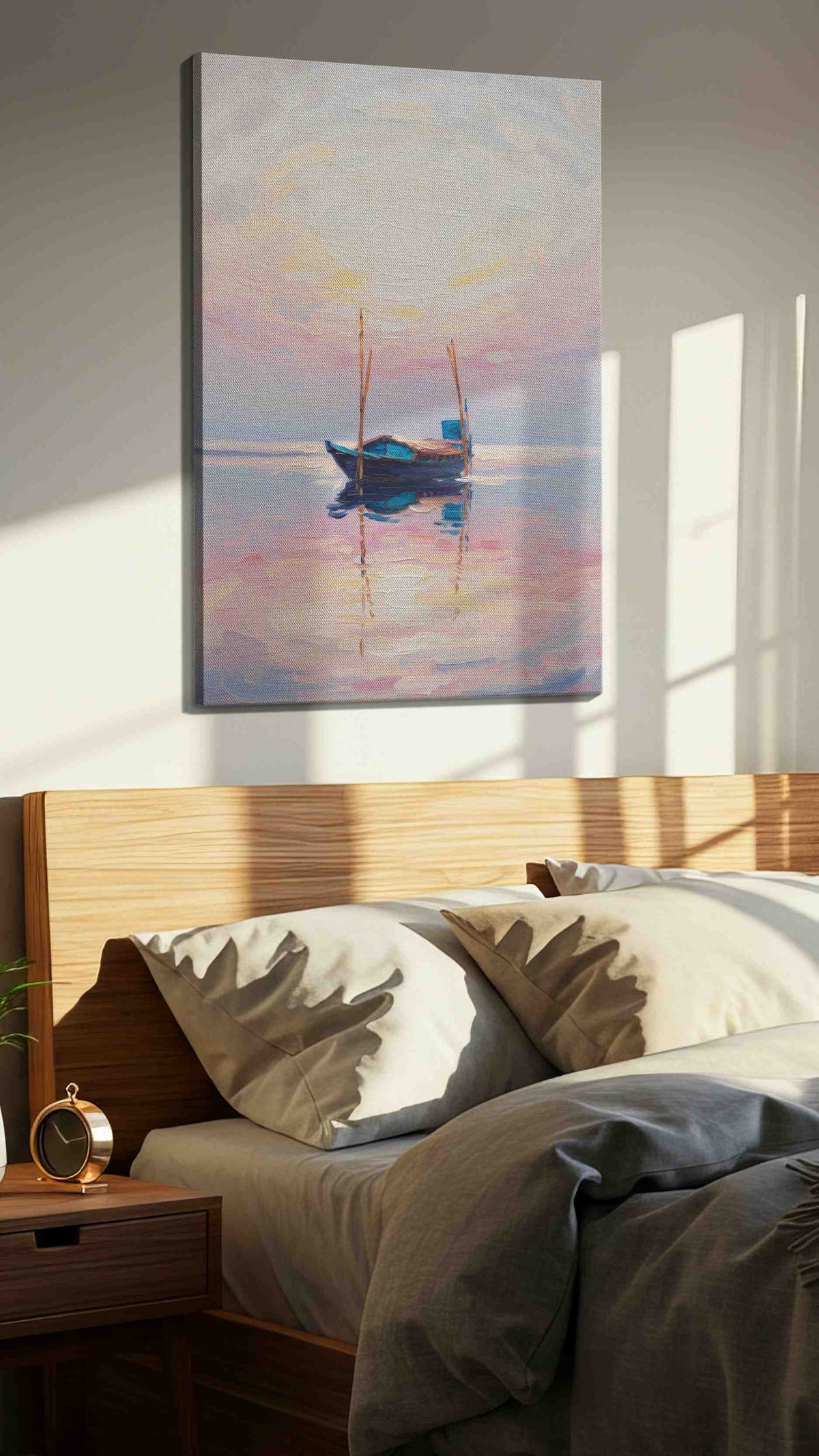 Silent Reflections at Dawn sailing canvas print, displayed in a bedroom