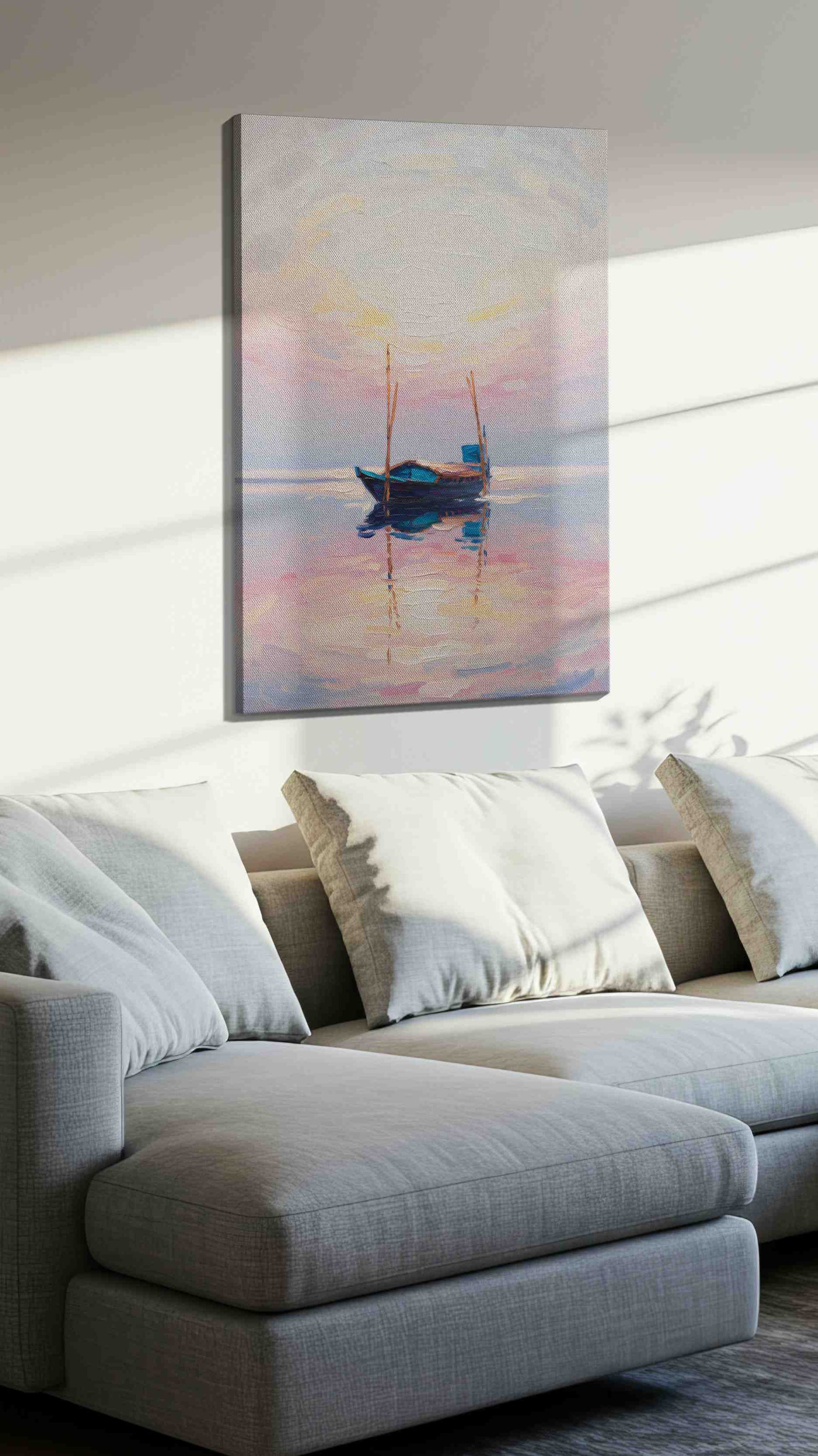 Silent Reflections at Dawn sailing canvas print, displayed in a living room