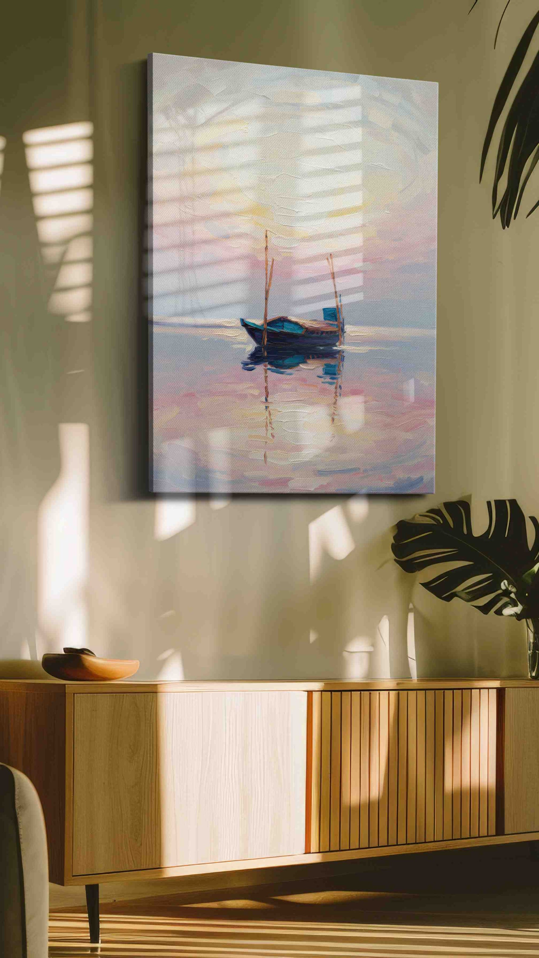 Silent Reflections at Dawn sailing canvas print, hanging on wall